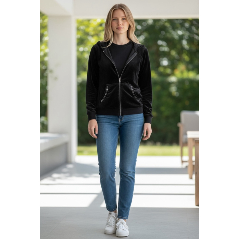Women's dressbarn Petite Black Velour Full-Zip Hoodie S